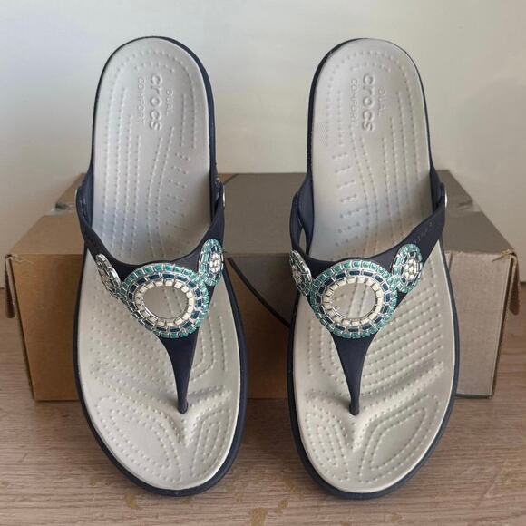 Crocs SANRAH Diamante Navy/Turquoise Embellished Women Wedge Sandals- SZ 11 - Picture 1 of 11